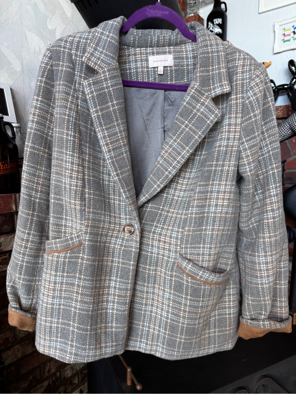 Skies Are Blue gray plaid blazer w/brown accents